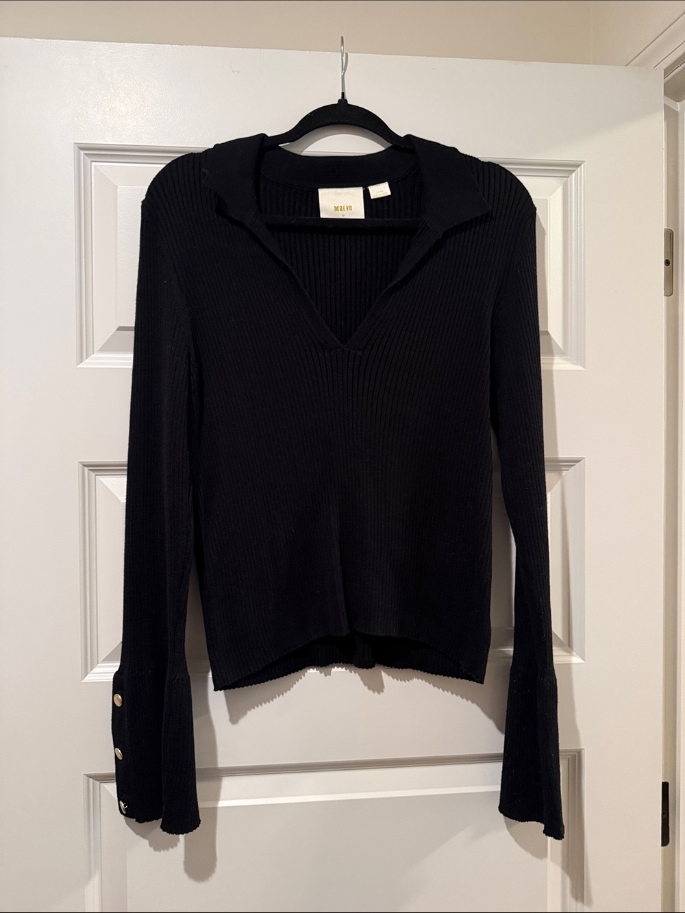 MATE the Label Black Ribbed V-Neck Polo Sweater with Button Cuffs
